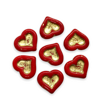 Load image into Gallery viewer, Czech glass carved heart in heart beads 8pc opaque red gold 14x12mm-Orange Grove Beads

