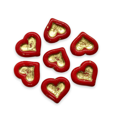 Czech glass carved heart in heart beads 8pc opaque red gold 14x12mm-Orange Grove Beads