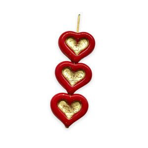 Czech glass carved heart in heart beads 8pc opaque red gold 14x12mm