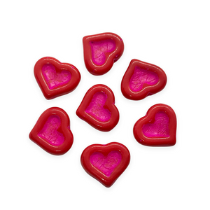 Czech glass carved heart in heart beads 8pc opaque red pink 14x12mm-Orange Grove Beads