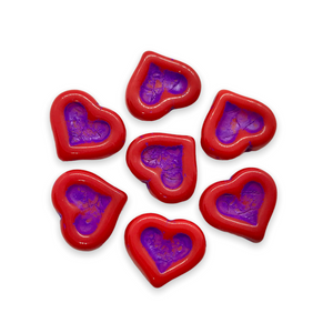 Czech glass carved heart in heart beads 8pc opaque red purple 14x12mm-Orange Grove Beads