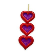 Load image into Gallery viewer, Czech glass carved heart in heart beads 8pc opaque red purple 14x12mm
