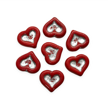 Load image into Gallery viewer, Czech glass carved heart in heart beads 8pc opaque red silver 14x12mm-Orange Grove Beads
