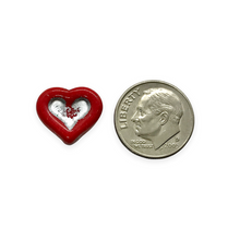 Load image into Gallery viewer, Czech glass carved heart in heart beads 8pc opaque red silver 14x12mm
