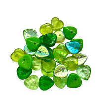 Load image into Gallery viewer, Czech glass heart leaf beads charms 30pc green sampler mix 9mm-Orange Grove Beads

