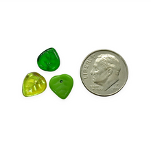 Load image into Gallery viewer, Czech glass heart leaf beads charms 30pc green sampler mix 9mm
