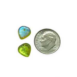 Czech glass heart leaf beads charms 30pc translucent light olivine green AB 9mm #2