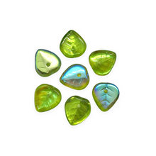 Load image into Gallery viewer, Czech glass heart leaf beads charms 30pc translucent light olivine green AB 9mm #2-Orange Grove Beads
