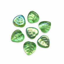 Load image into Gallery viewer, Czech glass heart leaf beads charms 30pc translucent peridot green AB 9mm-Orange Grove Beads
