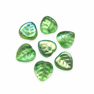 Czech glass heart leaf beads charms 30pc translucent peridot green AB 9mm-Orange Grove Beads