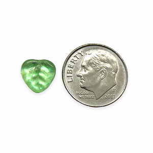 Czech glass heart leaf beads 30pc peridot green AB 9mm