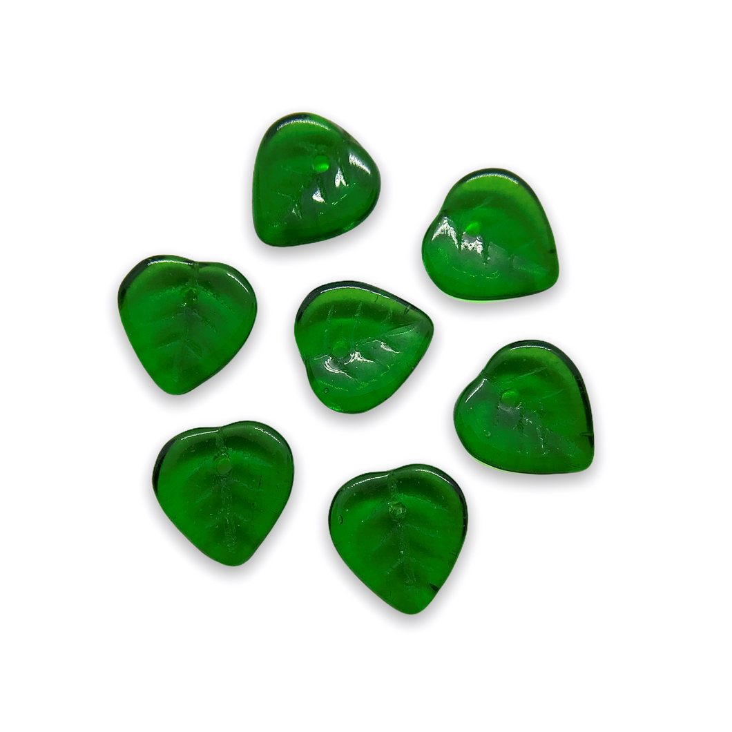 Czech glass heart leaf beads charms 30pc translucent emerald green 9mm-Orange Grove Beads