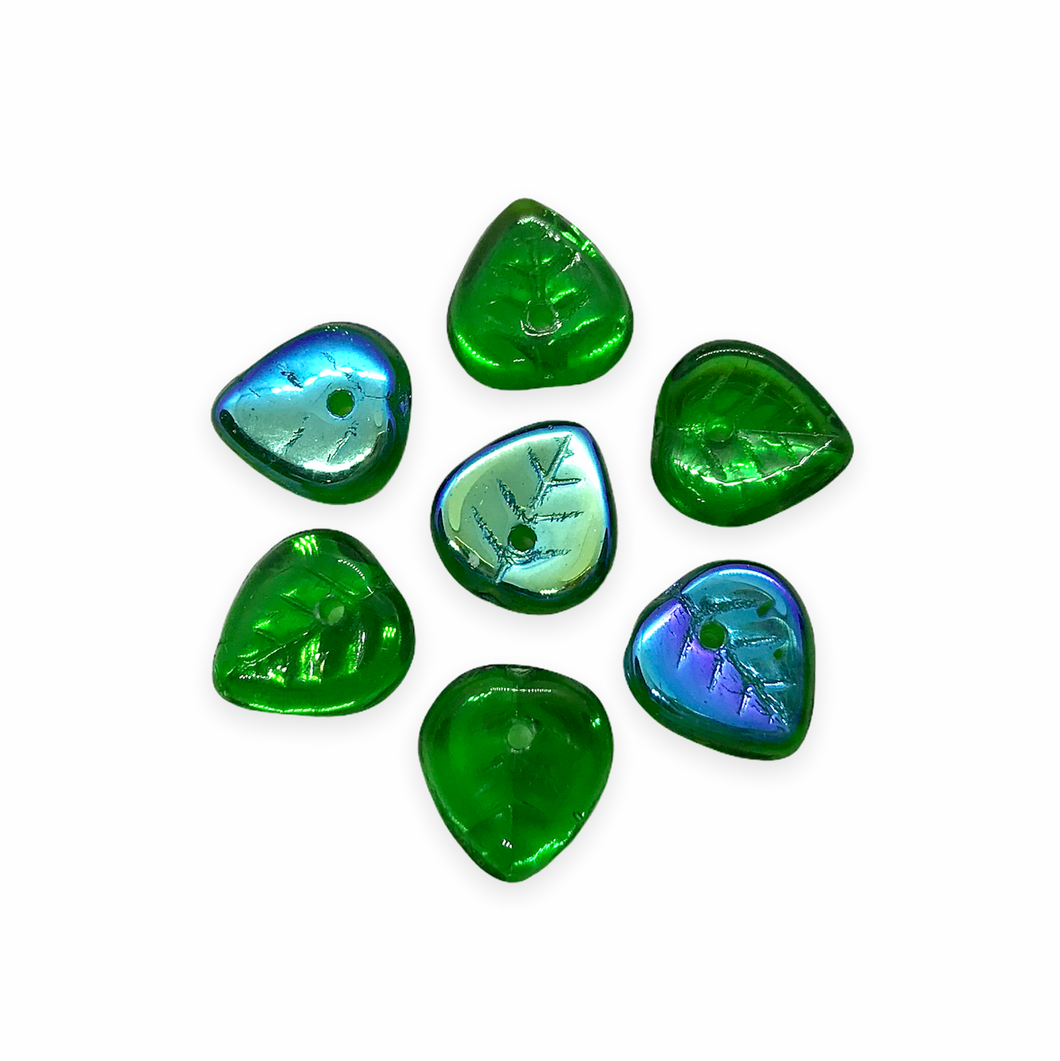 Czech glass heart leaf beads charms 30pc translucent green AB 9mm #2-Orange Grove Beads