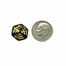 Load image into Gallery viewer, Czech glass Halloween spiderweb hexagon beads charms 10pc black gold 13x7mm
