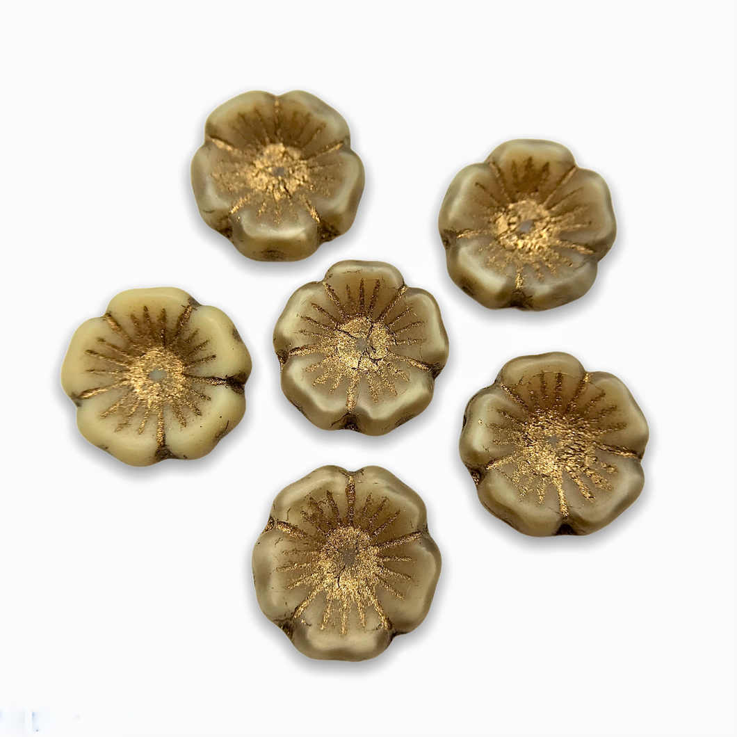 Czech glass chunky hibiscus flower beads 6pc beige bronze inlay 14mm-Orange Grove Beads