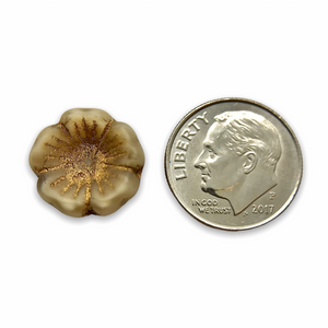 Czech glass chunky hibiscus flower beads 6pc beige bronze inlay 14mm