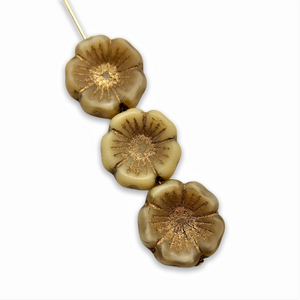 Czech glass hibiscus flower beads 10pc beige bronze inlay 14mm