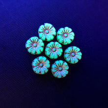 Load image into Gallery viewer, Czech glass tiny hibiscus flower beads 16pc opaline blue gold UV glow 8mm
