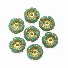 Load image into Gallery viewer, Czech glass tiny hibiscus flower beads 16pc opaline blue gold UV glow 8mm-Orange Grove Beads
