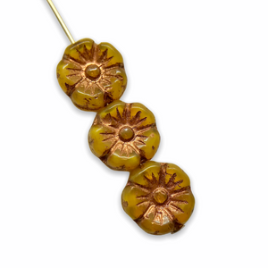 Czech glass hibiscus flower beads 12pc milky yellow copper 10mm