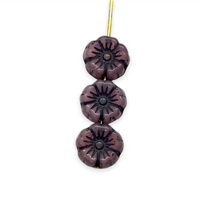 Czech glass tiny hibiscus flower beads 16pc opaline purple dark purple decor 8mm