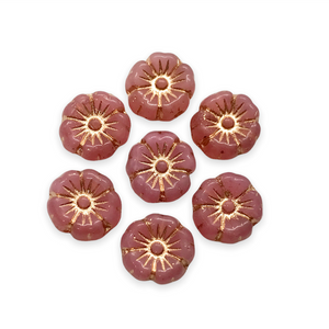Czech glass tiny hibiscus flower beads 16pc opaline pink copper 8mm-Orange Grove Beads