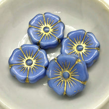 Load image into Gallery viewer, Czech glass XL hibiscus flower focal beads 4pc opaque blue gold 20mm-Orange Grove Beads
