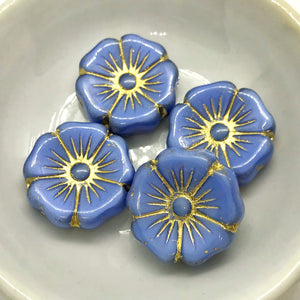 Czech glass XL hibiscus flower focal beads 4pc opaque blue gold 20mm-Orange Grove Beads