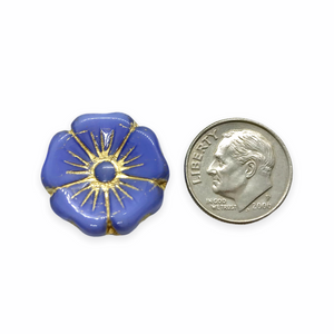 Czech glass XL hibiscus flower focal beads 4pc opaque blue gold 20mm