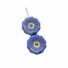 Load image into Gallery viewer, Czech glass XL hibiscus flower focal beads 4pc opaque blue gold 20mm
