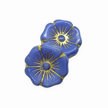 Load image into Gallery viewer, Czech glass XL hibiscus flower focal beads 4pc opaque blue gold 20mm
