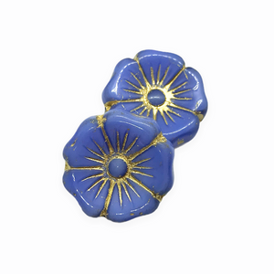 Czech glass XL hibiscus flower focal beads 4pc opaque blue gold 20mm