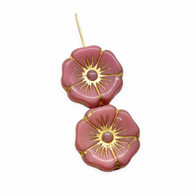 Load image into Gallery viewer, Czech glass XL hibiscus flower focal beads 4pc opaque pink gold 20mm
