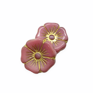 Czech glass XL hibiscus flower focal beads 4pc opaque pink gold 20mm