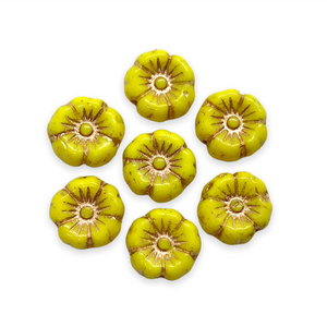 Czech glass tiny hibiscus flower beads 16pc opaque yellow copper 8mm-Orange Grove Beads