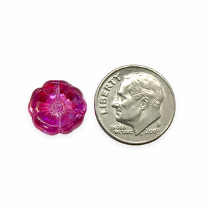 Czech glass hibiscus flower beads 12pc fuchsia pink metallic AB 12mm