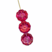 Load image into Gallery viewer, Czech glass hibiscus flower beads 12pc fuchsia pink metallic AB 12mm
