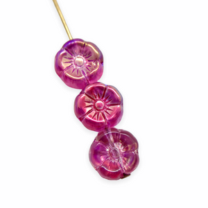 Czech glass tiny hibiscus flower beads 16pc fuchsia pink metallic 8mm