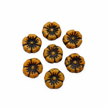 Load image into Gallery viewer, Czech glass tiny hibiscus flower beads 16pc pumpkin orange black 8mm-Orange Grove Beads
