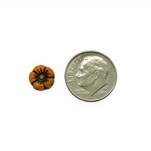 Czech glass tiny hibiscus flower beads 16pc pumpkin orange black 8mm