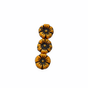 Czech glass tiny hibiscus flower beads 16pc pumpkin orange black 8mm