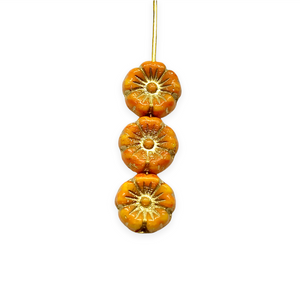 Czech glass tiny hibiscus flower beads 16pc pumpkin orange gold 8mm