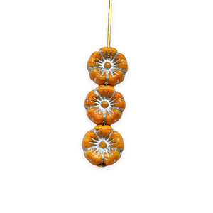 Czech glass tiny hibiscus flower beads 16pc pumpkin orange silver 8mm