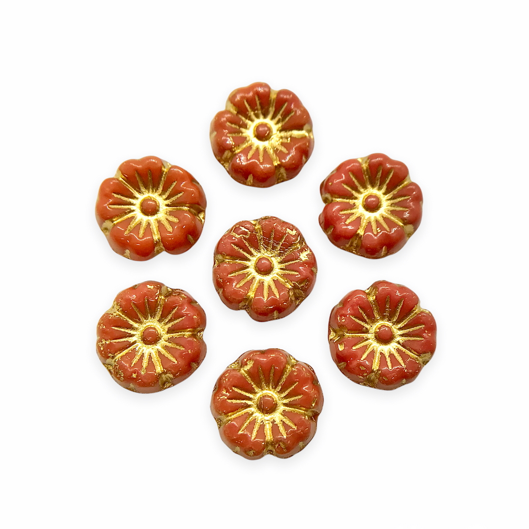 Czech glass tiny hibiscus flower beads 16pc terracotta red orange gold 8mm-Orange Grove Beads