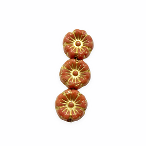 Czech glass tiny hibiscus flower beads 16pc terracotta red orange gold 8mm