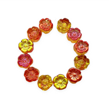 Load image into Gallery viewer, Czech glass hibiscus flower beads 12pc red orange yellow metallic AB 10mm-Orange Grove Beads
