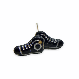 Czech glass high top tennis shoe shaped beads charms 12pc black silver 15mm
