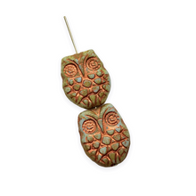 Load image into Gallery viewer, Czech glass horned owl beads 4pc blue green copper 18x15mm
