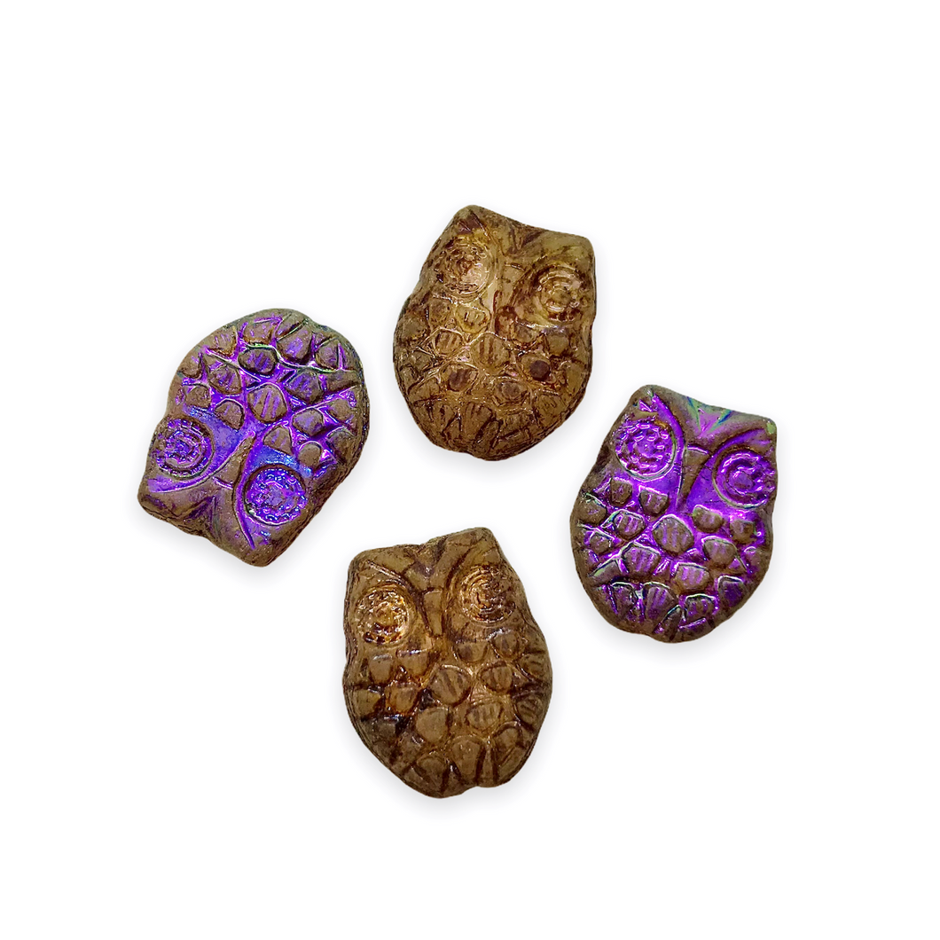 Czech glass horned owl beads 4pc crystal amber with purple AB-Orange Grove Beads
