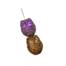 Load image into Gallery viewer, Czech glass horned owl beads 4pc crystal brown picasso with purple AB

